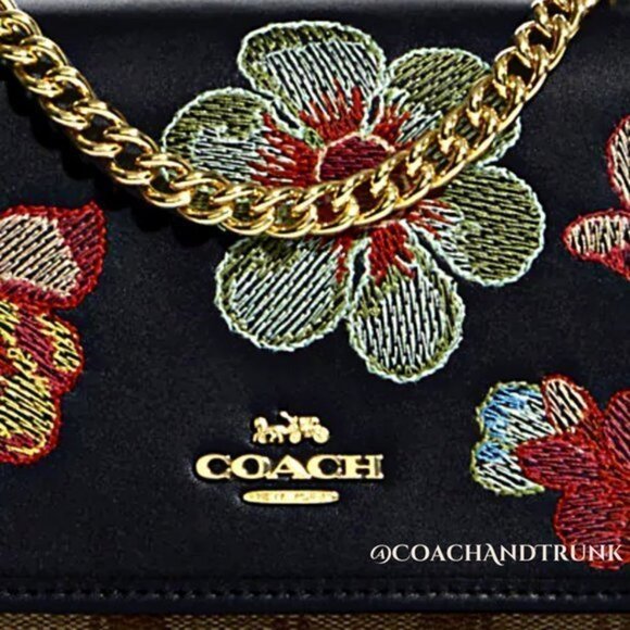COACH Navy Leather Embroidered Dreamy Floral Klare Gold Accents & Strap NWT - Picture 9 of 12